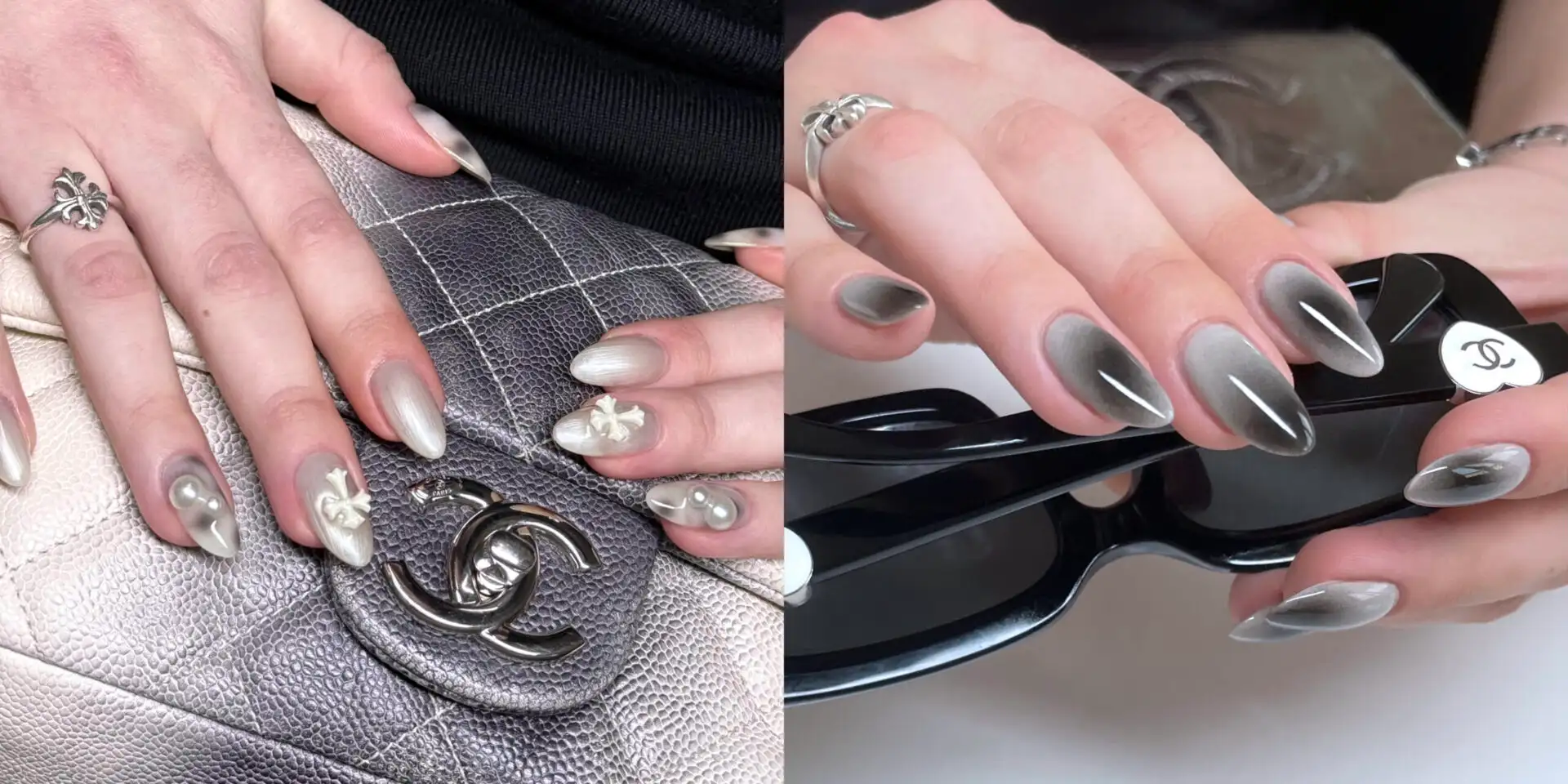 Two sets side by side: a chrome set on a quilted bag, next to a pointed chrome set holding sunglasses