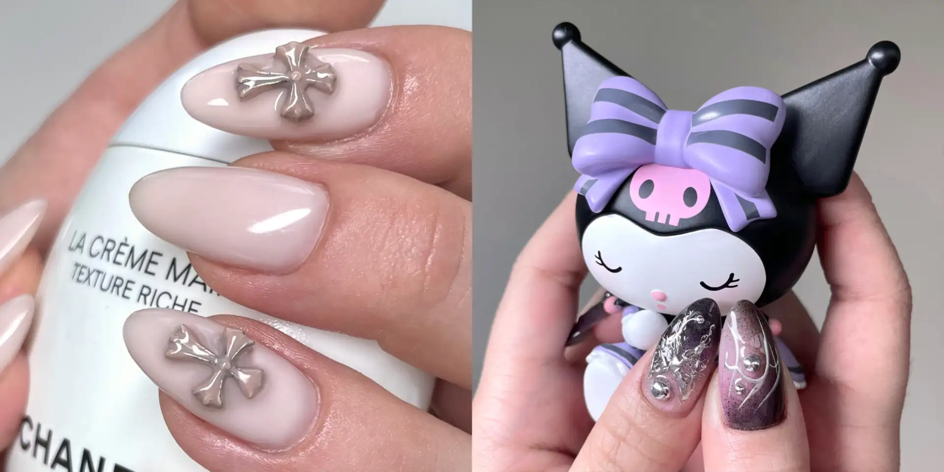 Two sets side by side: a nude set with silver crosses, next to a chrome set holding a Kuromi figure