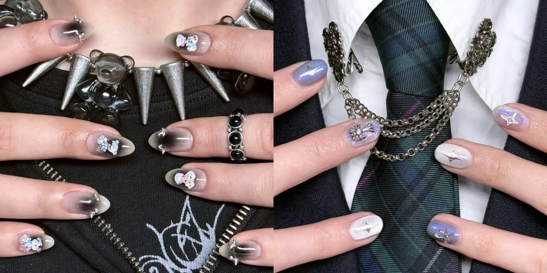 Zwei Arbeiten nebeneinander: silbernes Set mit Spikes und Bärchen, daneben Chrom-Set mit Kettenanhängern
