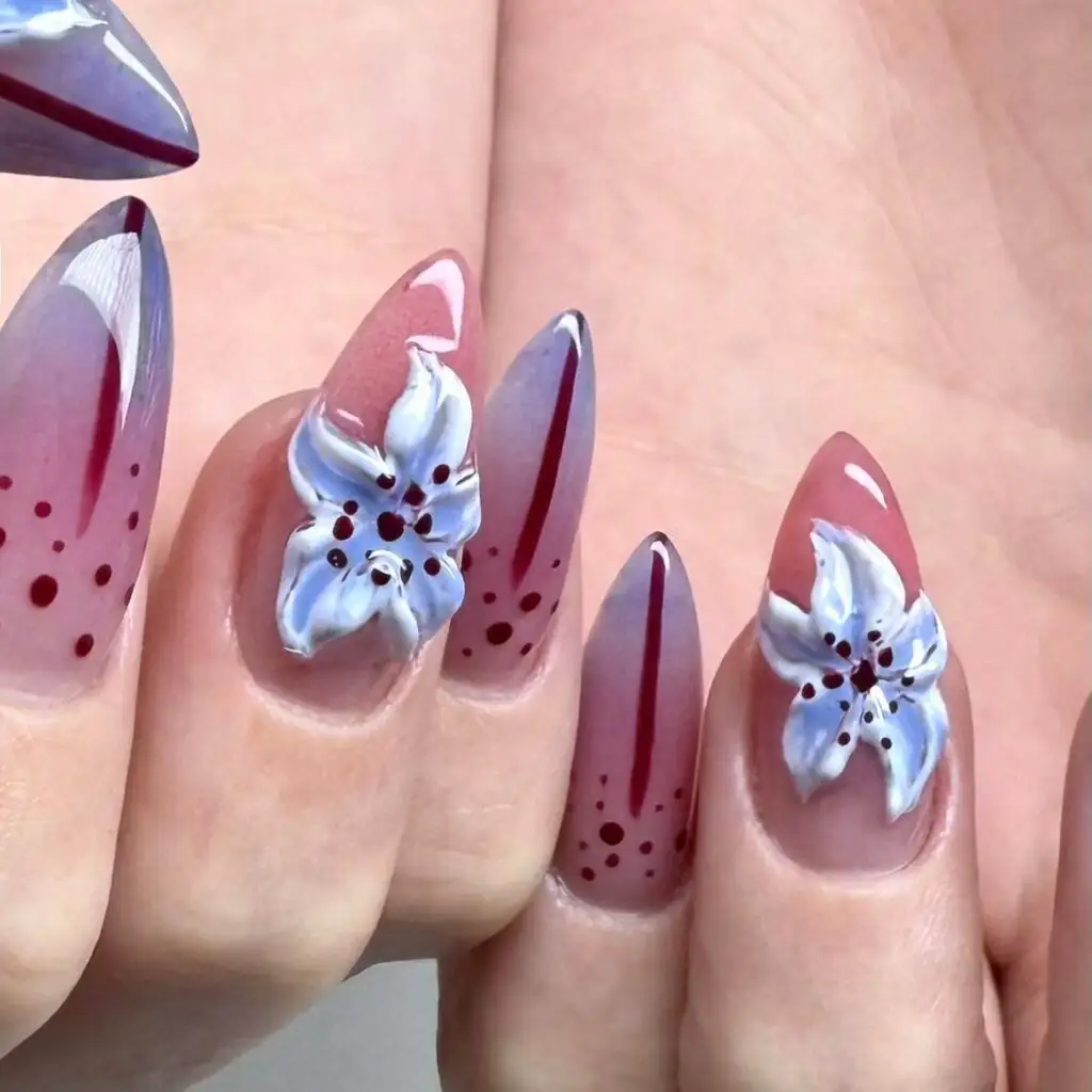 Mauve Ombré Stiletto-Set mit handmodellierten 3D-Lilien