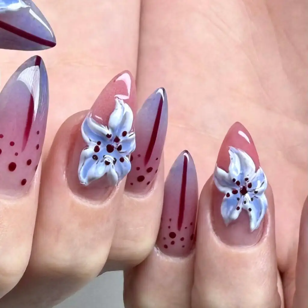 Mauve ombré stiletto set with hand-sculpted 3D lilies
