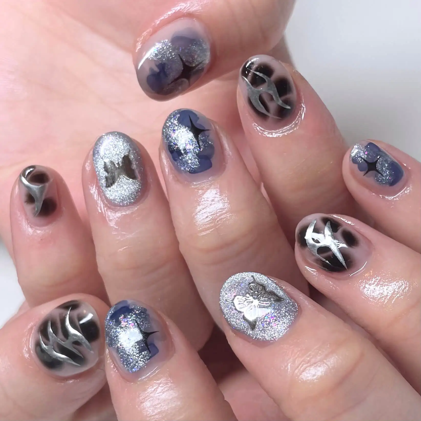 Navy and silver set with flames, butterflies and glitter