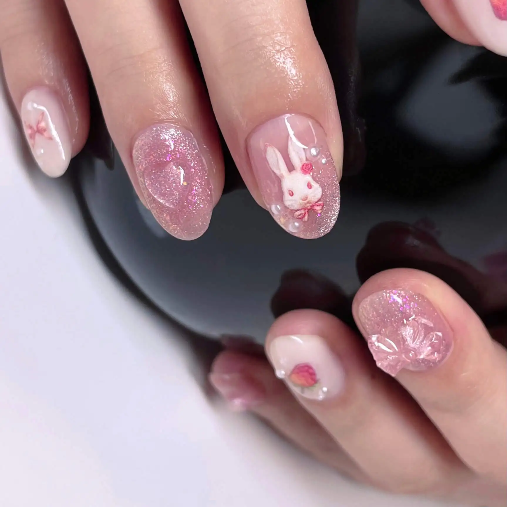 Pink glitter set with a sculpted 3D bunny and a small bow